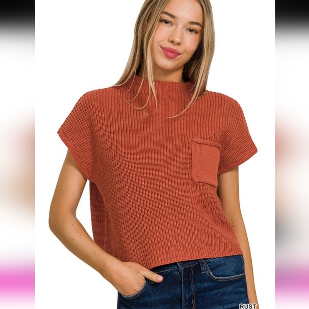 Rust Short-Sleeve Crewneck Knit Sweater